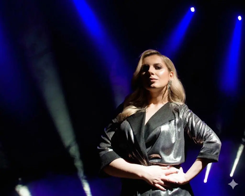 Woman with hand on her hip and spotlights in background