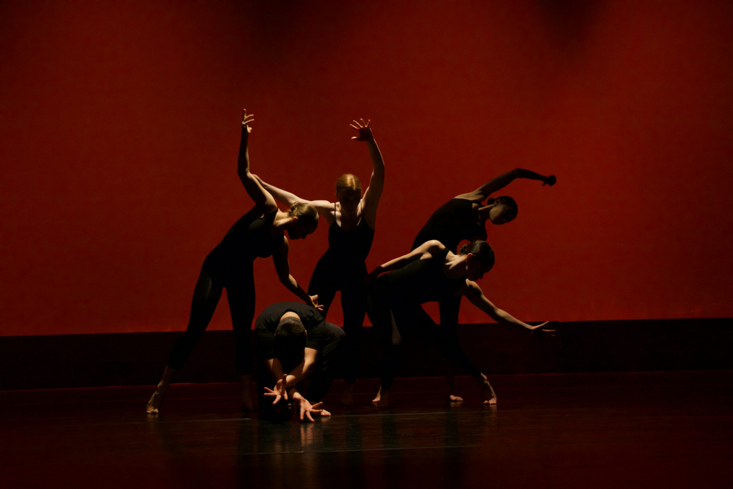 Group of dancers posing together in dim lighting