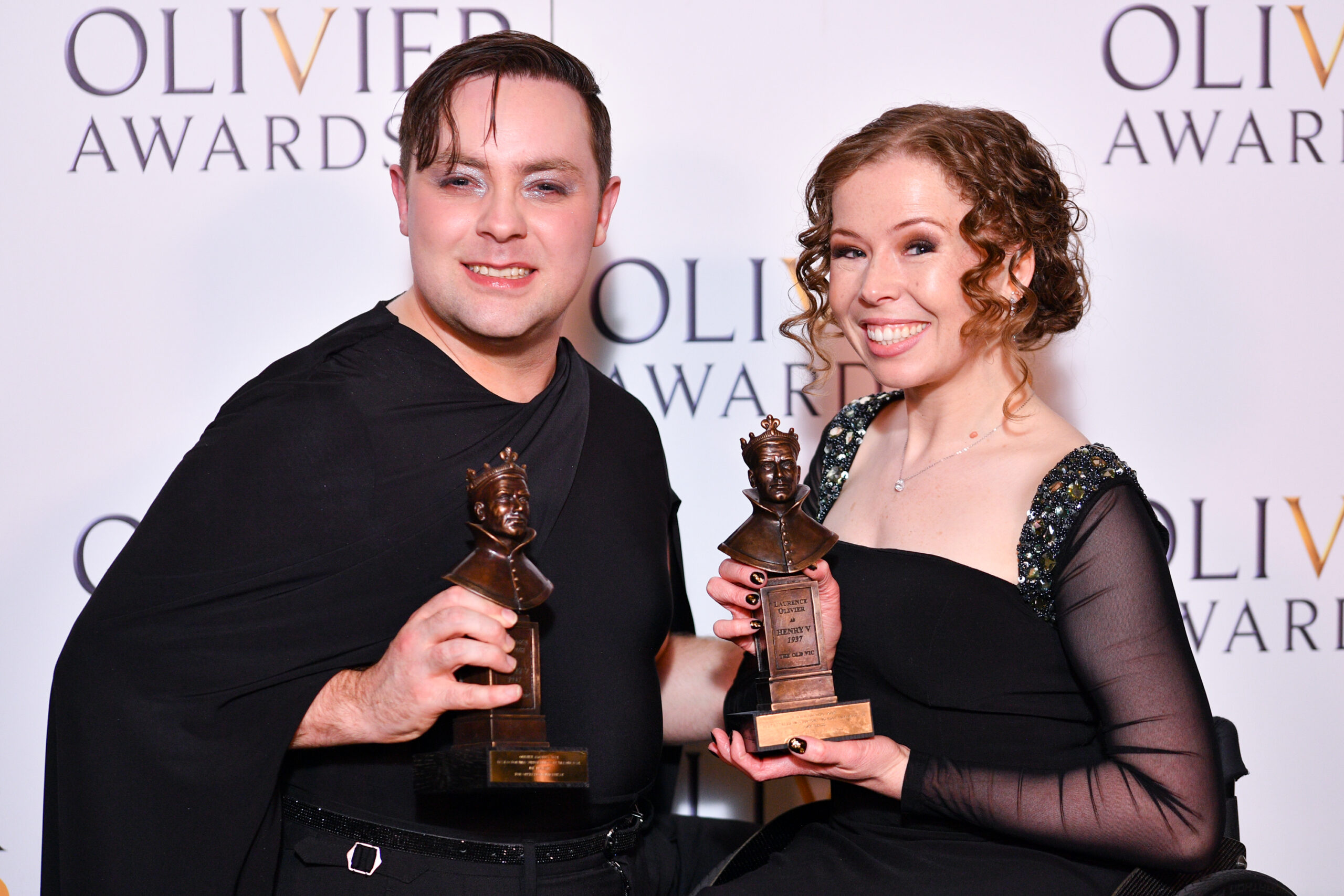 Jak Malone, winner of Best Actor in a Supporting Role in a Musical for "Operation Mincemeat" and Amy Trigg, winner of Best Actress in a Supporting Role in a Musical for "The Little Big Things"