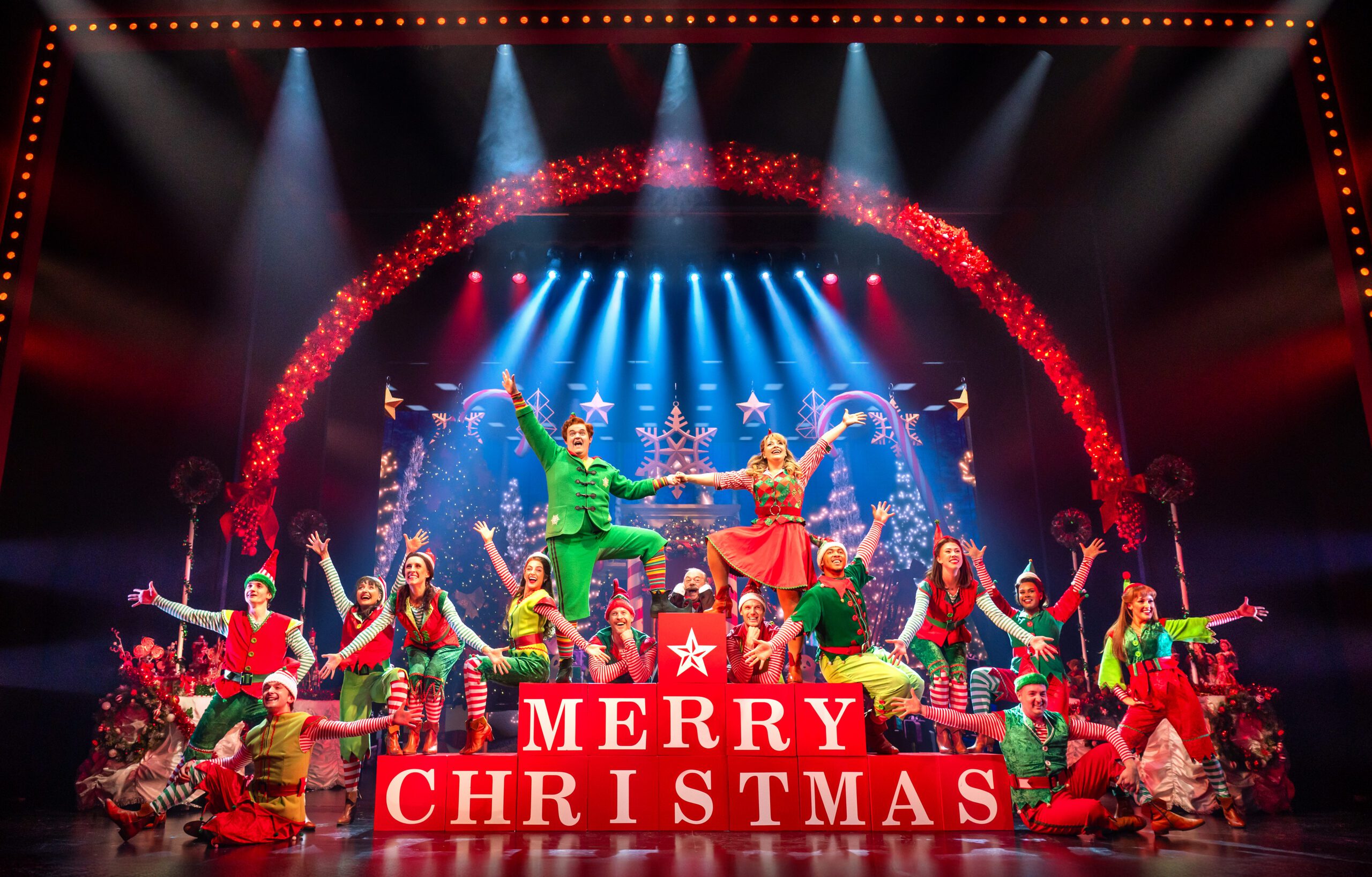 Joel Montague as 'Buddy', Carrie Hope Fletcher as 'Jovie' and the cast of 'Elf the Musical'